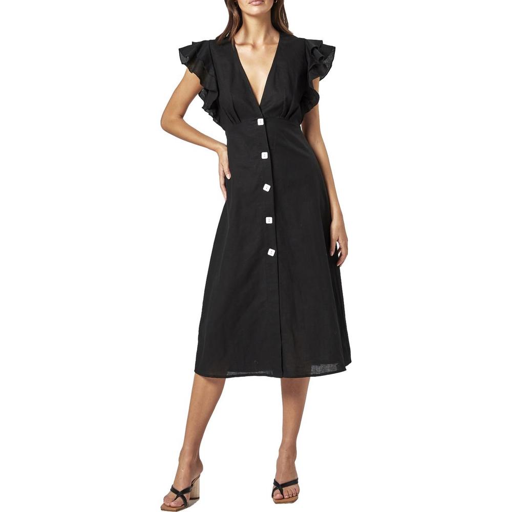 Charlie Holiday Womens Cherry Black Linen Flutter Sleeve Midi Midi Dress NWT